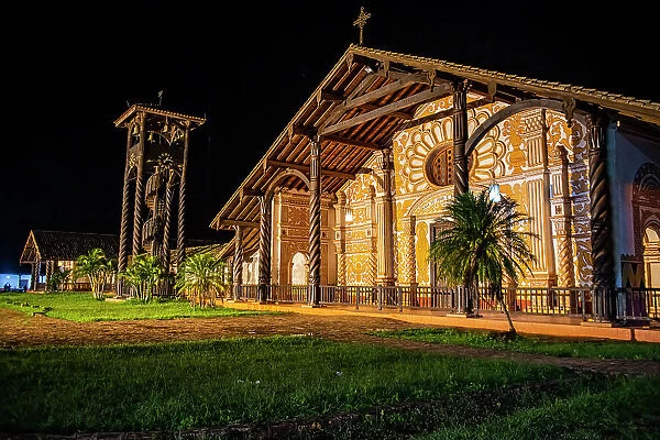 Front portal of the Mission of Concepcion at night, Jesuit Missions of Chiquitos, UNESCO World Heritage Site, Santa Cruz department, Bolivia, South America