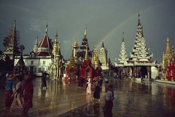 Rainbow after storm, Shwe Dagon Pagoda Complex, Yangon (Rangoon), Myanmar (Burma), Asia