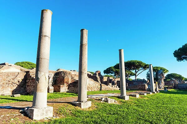 Roman Forum seen from North West, Ostia Antica archaeological site, Ostia, Rome province, Latium (Lazio), Italy, Europe