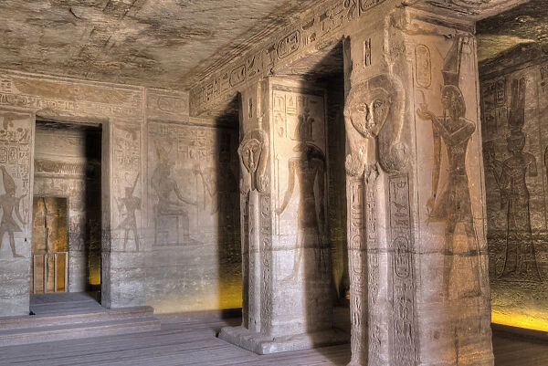 Square Pillars, Goddess Hathor head, Temple of Hathor and Nefertari