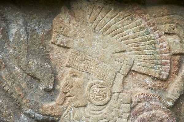 Detail of stone relief, ancient Mayan ruins, Chichten Itza, UNESCO World Heritage Site