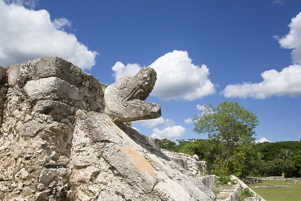 Stone Serpent Head, Temple of the Warriors, Mayan Ruins, Mayapan Archaeological Zone, Yucatan State, Mexico, North America