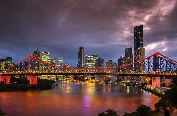 Story Bridge lit up after dark, Brisbane, Queensland, Australia, Pacific