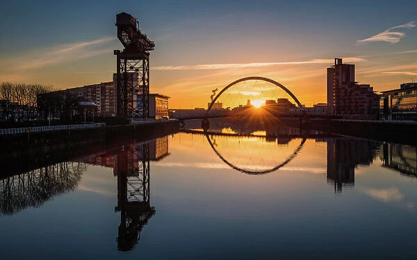 Sunrise at the Clyde Arc (Squinty Bridge), Pacific Quay, Glasgow, Scotland, United Kingdom