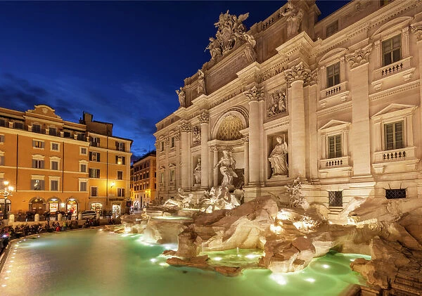 The Trevi Fountain backed by the Palazzo Poli at night, Rome, Lazio, Italy, Europe