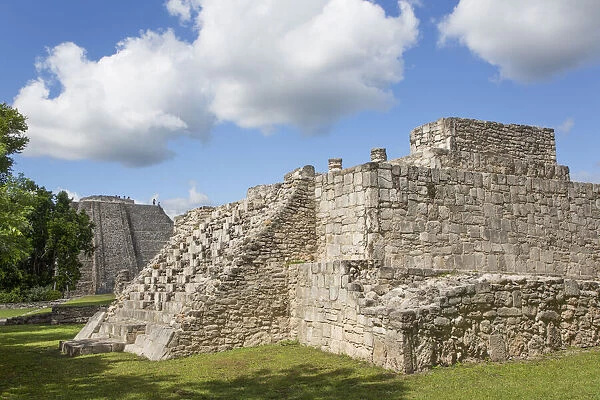 Turtle Temple in the foreground, Kukulcan Temple (Castillo) in the background, Mayan Ruins, Mayapan Archaeological Zone, Yucatan State, Mexico, North America