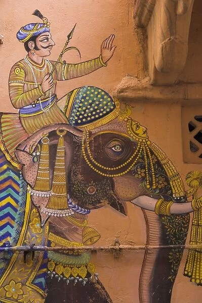 Typical house decorated with Mewar folk art of man riding elephant