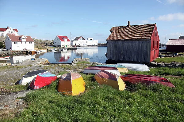 Upturned boats, South Harbour, Utsire island, west of Karmoy, Norway, Scandinavia, Europe