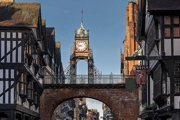 The Victorian Eastgate Clock on the city walls, Eastgate Street, Chester, Cheshire, England, United Kingdom, Europe