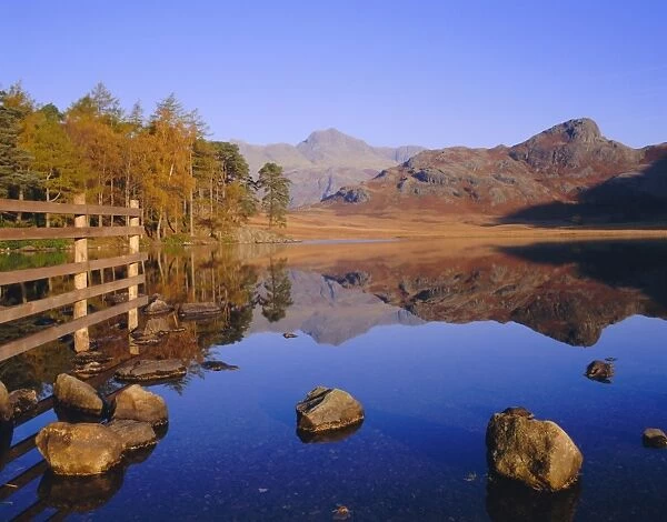 View across Blea Tarn to Langdale Pikes, Lake District, Cumbria, England