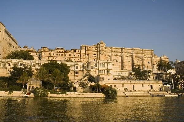 View of the City Palace and hotels from Lake Pichola