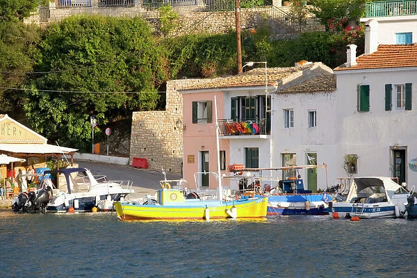 View across the colourful harbour, Loggos, Paxos, Paxi, Corfu, Ionian Islands, Greek Islands, Greece, Europe