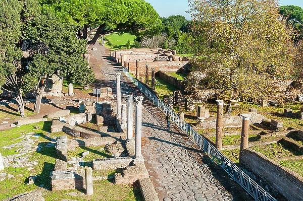 View from above of Decumanus, Ostia Antica archaeological site, Ostia, Rome province, Latium (Lazio), Italy, Europe