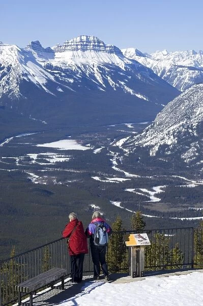 Two women and the Bow Valley from the top of Sulphur Mountain, Banff National Park