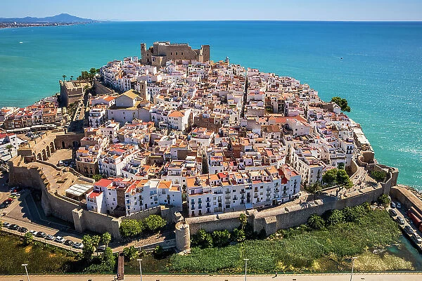 Aerial view of the old town, Peniscola, Valencian Community, Spain