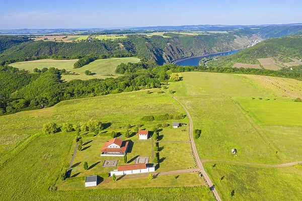 Aerial view on the reconstructed roman temples on Martberg near Pommern, Mosel valley