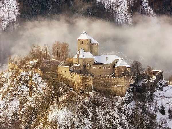 Aerial view of Reifenstein Castle (Castel Tasso), Freienfeld-Campo di Trens, Trentino-Alto Adige / Sudtirol, Italy