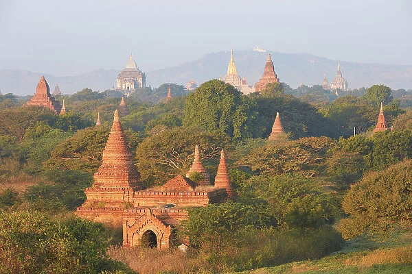 The Bagan Valley archaeological area temples at sunrise, Old Bagan, Mandalay Region, Myanmar. Bagan was declared a UNESCO World Heritage Site in 2019