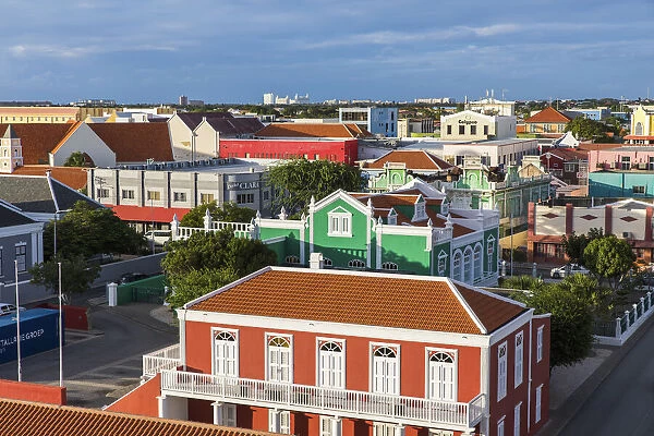 Caribbean, Aruba, Oranjestad, View of Oranjestad city centre from the tower of Fort