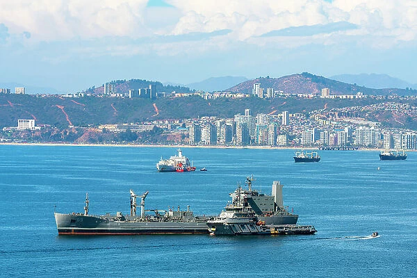 Chilean military ships with distant view of Vina del Mar, Valparaiso, Valparaiso Province, Valparaiso Region, Chile