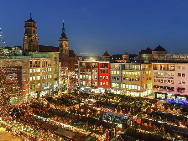 Christmas fair at the market square, view of collegiate church, Stuttgart, Baden-Wurttemberg, Germany