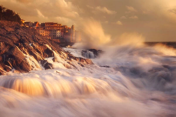 The coastal town of Tellaro during a storm clearing in winter, Gulf of Poets, Liguria