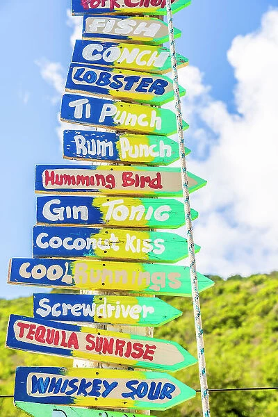 Colourful signage, Salt Whistle bay Beach, Mayreau Island, in the Tobago Cays in the Grenadines Islands, Saint Vincent and the Grenadines, Caribbean
