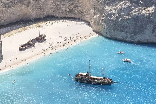 Elevated view of famous shipwreck beach. Zakynthos, Greek Islands, Greece