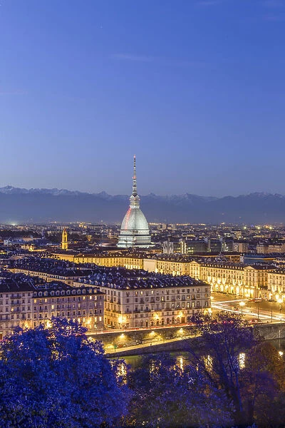 Elevated view of old town of Turin(Torino) at dusk. Piemonte region, Italy, Europe