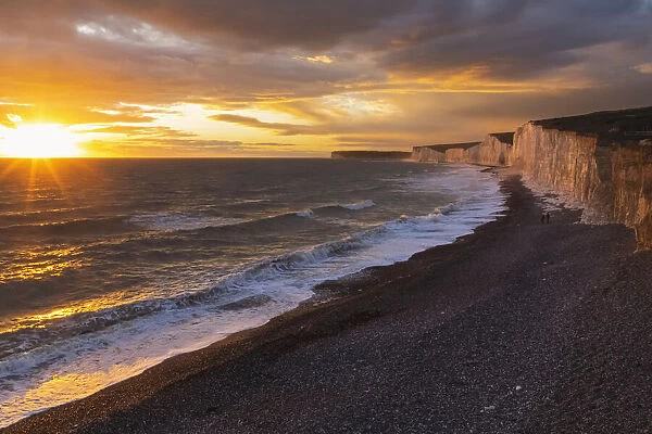 England, East Sussex, Eastbourne, Birling Gap, The Seven Sisters Cliffs and Beach in The Late Afternoon Light