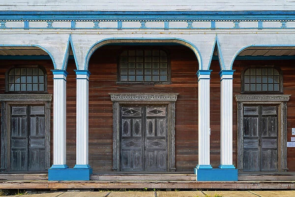 Detail of entrance to Iglesia Patrimonial Nuestra Senora del Patrocinio Church, Tenaun, Dalcahue, UNESCO, Chiloe Island, Chiloe Province, Los Lagos Region, Chile