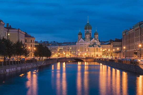 The Estonian Orthodox Holy Church of Saint Isidore on Griboyedov Canal at dusk