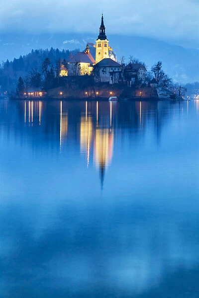 Europe, Slovenia, Upper Carniola. Iconic landscape of the lake of Bled with the Assumption