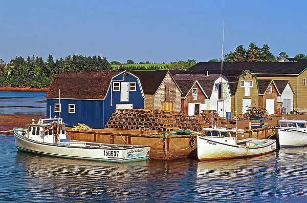 Fishing boats and sheds in coastal village New London, Prince Edward Island, Canada