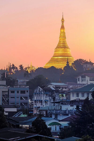 The golden stupa of the Shwedagon Pagoda (Shwedagon Zedi Daw) at twilight, Singuttara Hill, Yangon, Myanmar. It is considered the most sacred Buddhist pagoda in the country