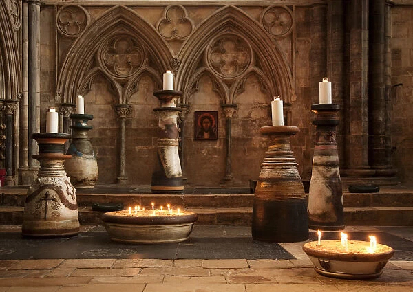 Lincoln, England. Candles lit in the chancel of Lincoln cathedral