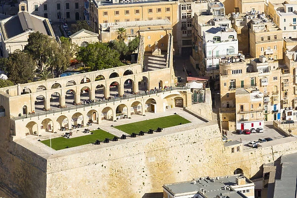 Malta, South Eastern Region, Valletta. Aerial view of Upper Barrakka Gardens