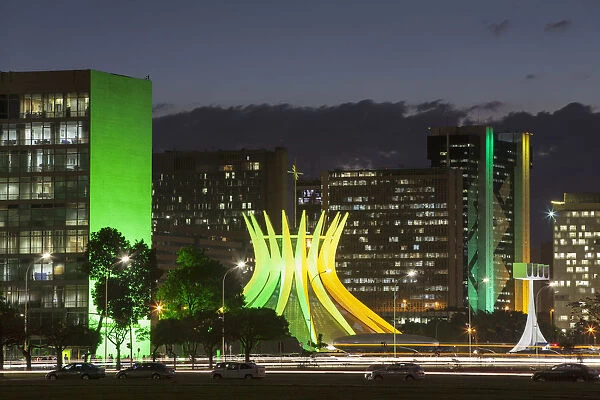 Metropolitan Cathedral and Esplanade of Ministeries at dusk, Brasilia, Federal District