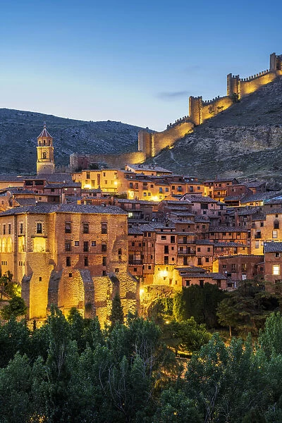 Night view of Albarracin with its ancient walls, Aragon, Spain