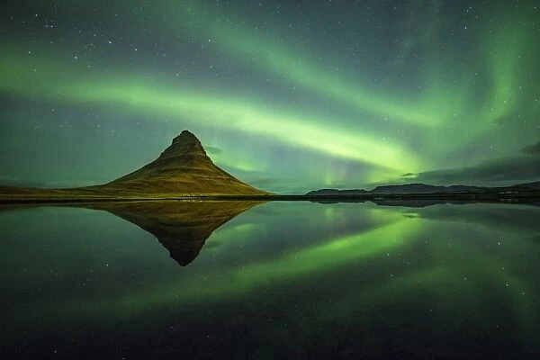 Northern lights above Kirkjufell Mountain, Snaefellsnes peninsula, Western Iceland