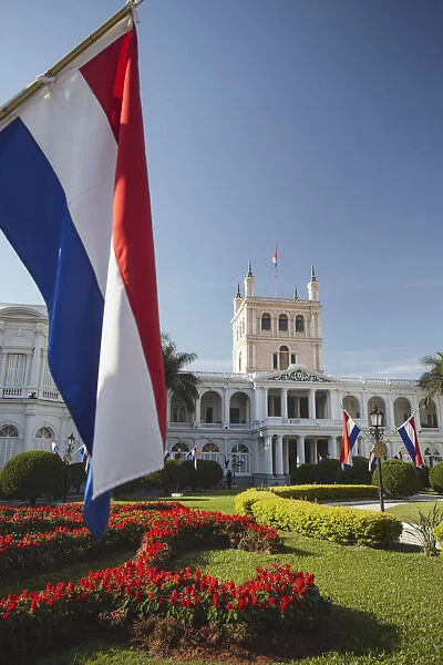 Paraguayan flags in front of Palacio de Gobierno (Government Palace), Asuncion, Paraguay