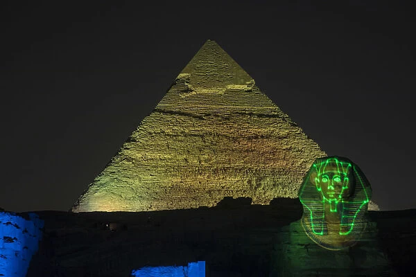 Pyramid of Khafre (Chephren) and the Sphinx at night, Giza, Cairo, Egypt