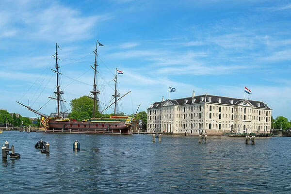 Replica of The Amsterdam moored in Amstel river and National Maritime Museum, Community Marineterrein, Amsterdam, Netherlands