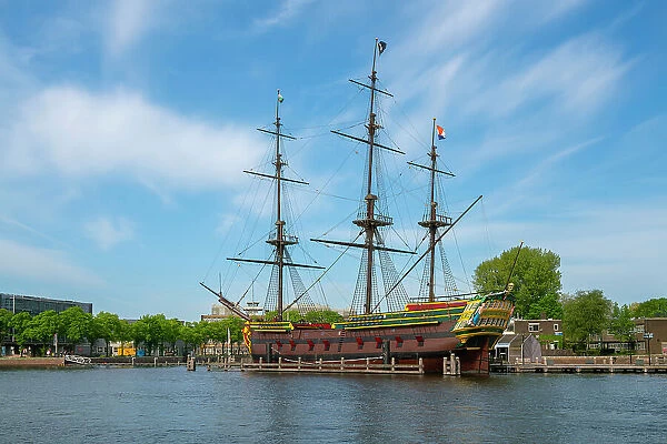 Replica of The Amsterdam moored in river against sky, Community Marineterrein, Amsterdam, Netherlands