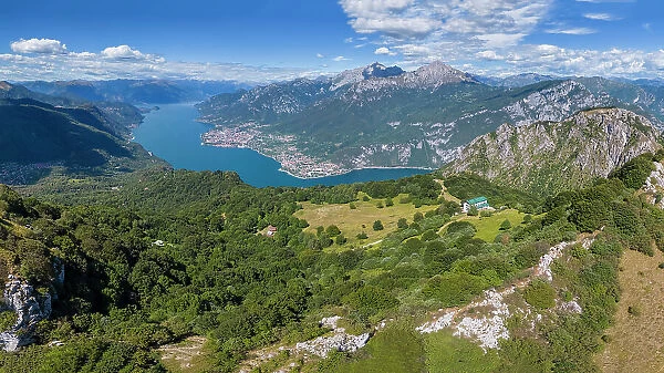 Rifugio Sev dominating on Como Lake (Lecco branch) and located below Corni di Canzo mountains. Valbrona, Como district, Lombardy, Italy