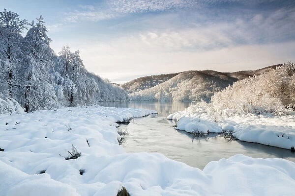 River and forests of Plitvice Lakes National Park in winter, Plitvicka Jezera