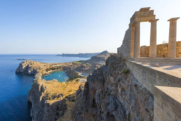 Saint Pauls bay, Lindos, Rhodes, Greece. Panorama from the acropolis of Lindos