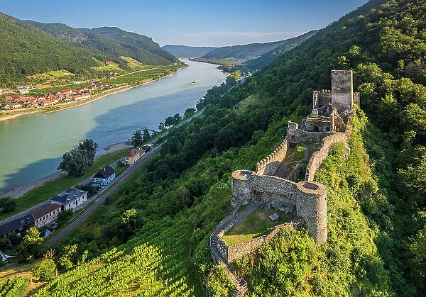 Scenic aerial view of Hinterhaus castle and Danube river, Spitz, Lower Austria, Austria