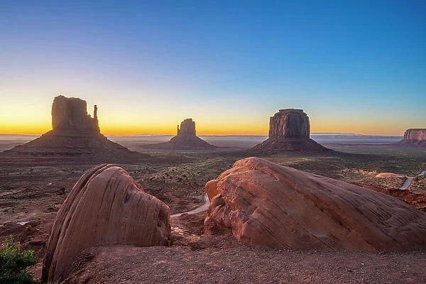 Scenic view of The Mitten buttes at dawn, Monument Valley, Arizona, USA