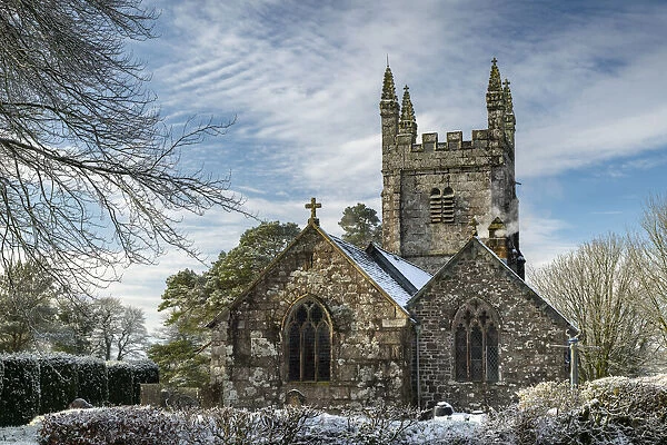 St Petrocs Church in the village of Lydford on a snowy winter morning, Dartmoor